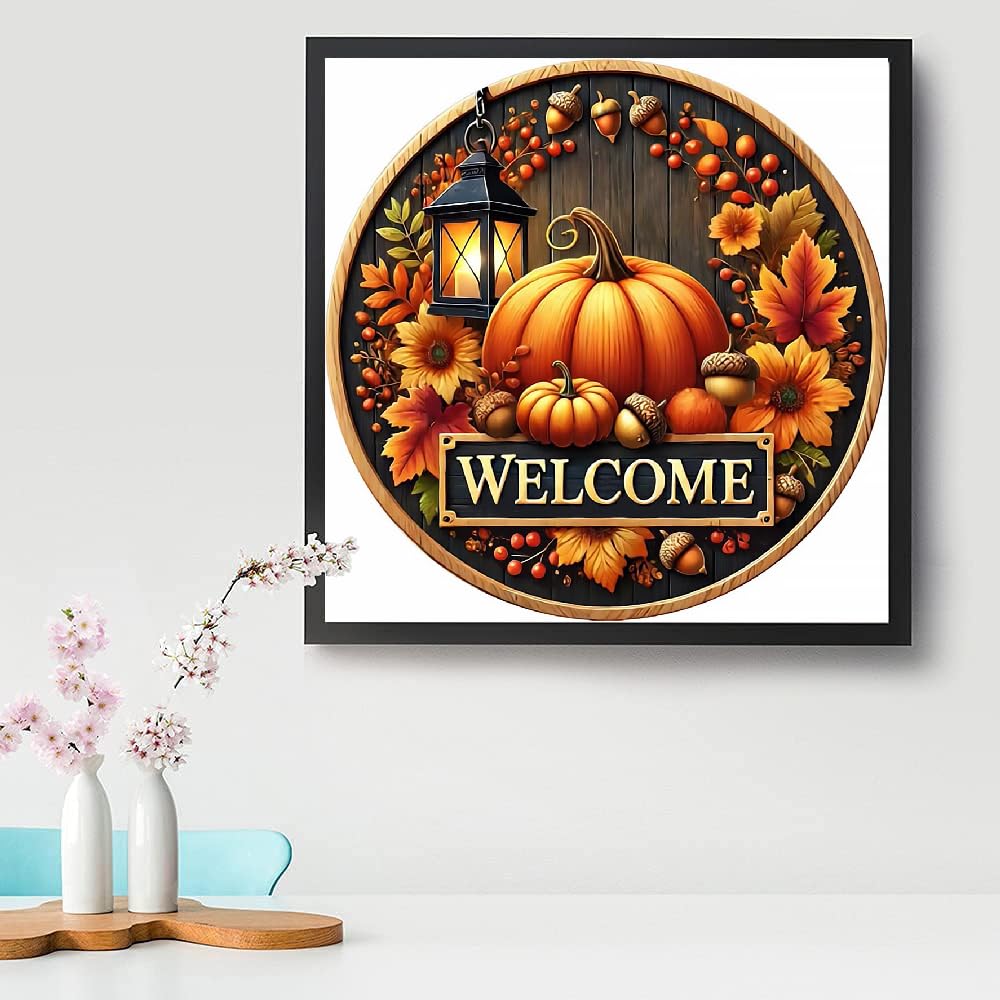 MjhRcll Fall Diamond Art Kits for Adults,5D DIY Pumpkins Diamond Dots Round Full Drills,Circle Design Diamond Painting Kits for Holiday Home Wall and Entrance Door Decor 14X14 Inch MjhRcll