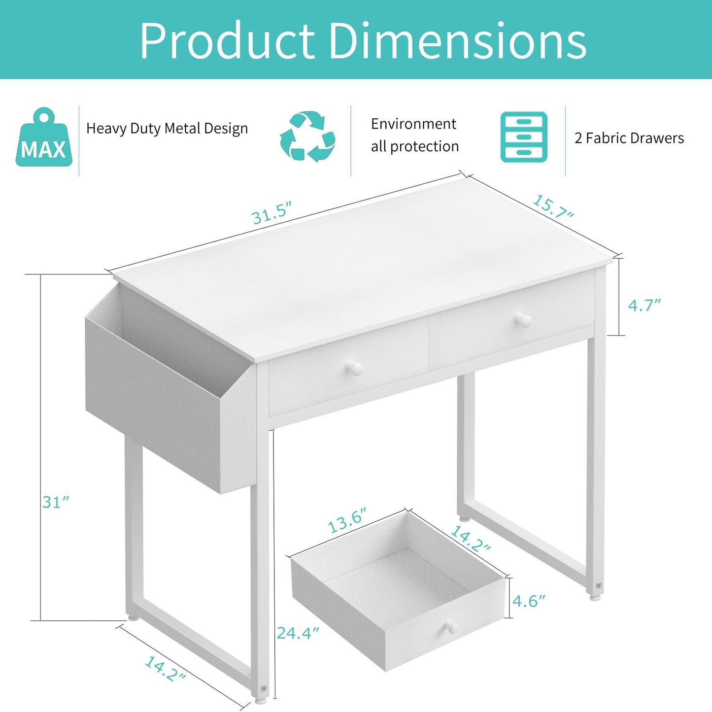 Lufeiya Small White Desk with Drawers - for Bedroom, 32 Inch Home Office Computer Desk with Fabric Storage Drawer and Bag, Study Writing Table for Small Spaces, White - WoodArtSupply