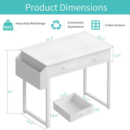 Lufeiya Small White Desk with Drawers - for Bedroom, 32 Inch Home Office Computer Desk with Fabric Storage Drawer and Bag, Study Writing Table for Small Spaces, White - WoodArtSupply