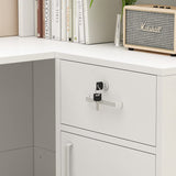 Homsee Reception Desk L-Shaped Office Desk with Counter, 1 Door Storage Cabinet, 1 Lockable Drawer, Hutch Shelf & Keyboard Tray, White Homsee