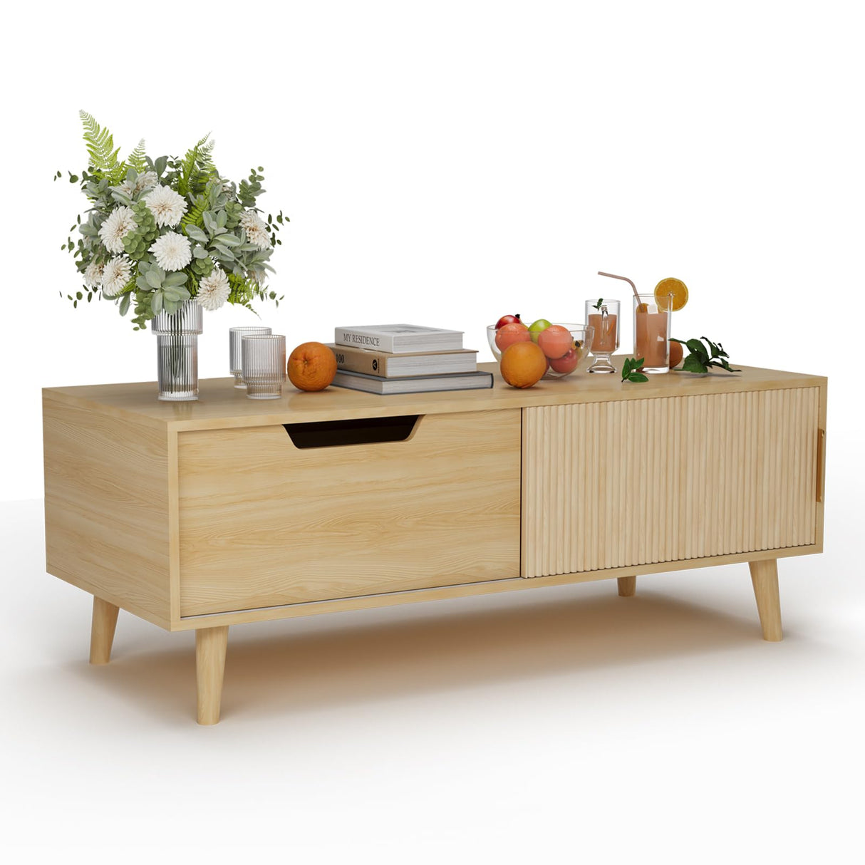 Buenhomino 47" Modern Coffee Table with Storage, Light Wood Accent Center Tables with Sliding Fluted Door Panel and Drawer, Boho Minimalist Console Table Suitable for Living Room, Apartment Natural Buenhomino