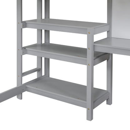 Harper & Bright Designs Full Size Gray Loft Bed with Integrated Desk, Bookshelf, and Writing Board - WoodArtSupply