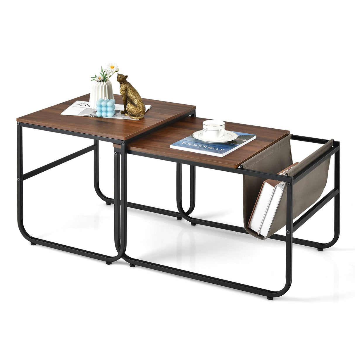 Giantex Nesting Coffee Table Set of 2, Stackable Side Table w/Side Pocket, Accent Nightstand, Industrial End Table w/Steel Frame for Living Room Bedroom Office, Easy Assembly, Rustic Brown Giantex