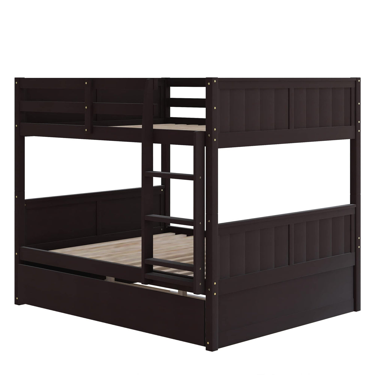 Merax Full Over Full Bunk Bed with Trundle,Wooden Trundle Bed Frame with Ladder Safety Guardrail,Convertible to 2 Platform Beds for Kids Teens,Espresso Merax