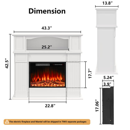 BOSSIN 43" Electric Fireplace with Mantel, 23 inch Electric Fireplace Insert, Freestanding TV Stand with Fireplace Heater,Wooden Surround Firebox Faux Log & Led Flames, Remote Control,750W/1500W White