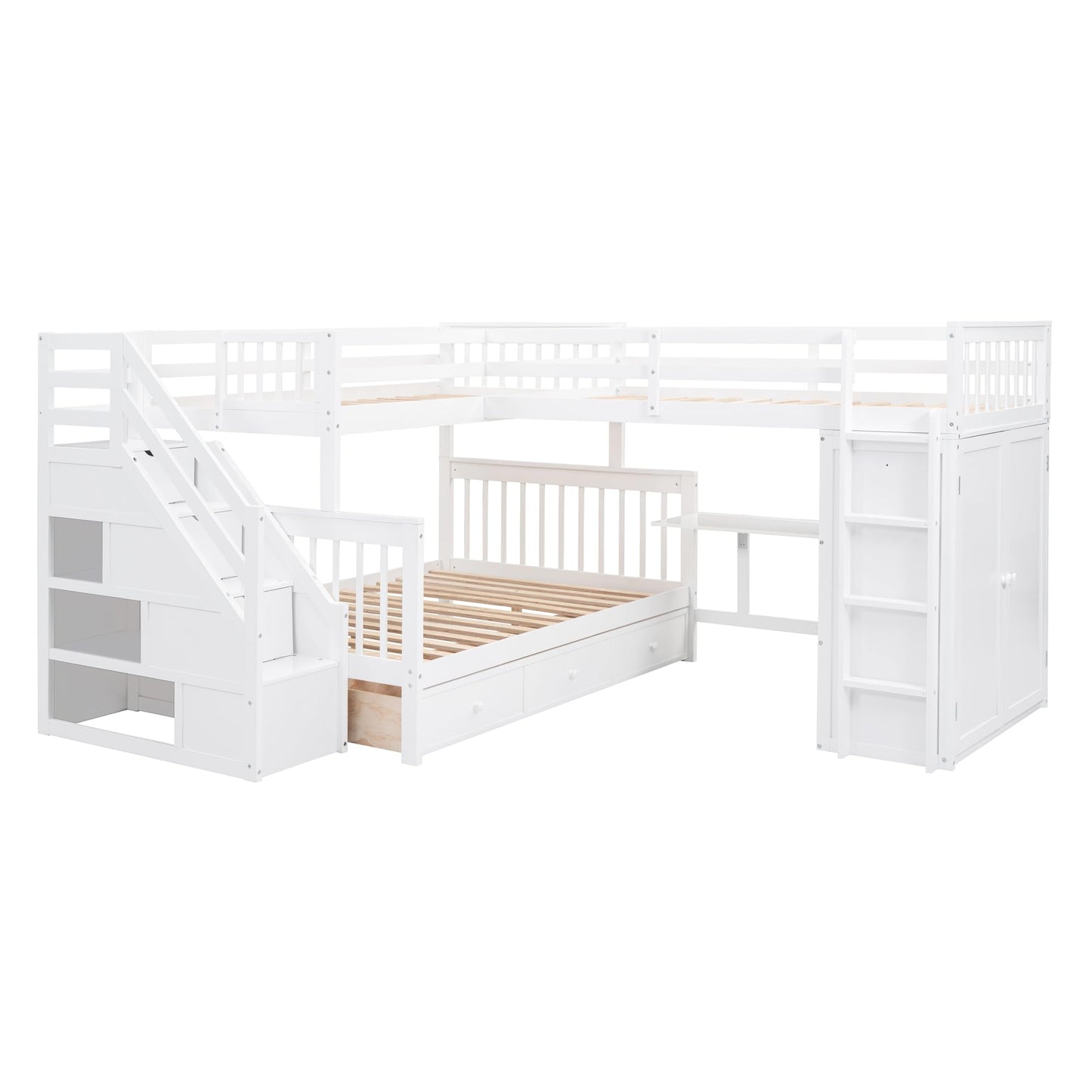 VilroCaz Modern L-Shaped Twin-Twin Over Full Bunk Bed with Staircase and 3 Storage Drawers, Solid Wood Triple Bed with Portable Desk and Wardrobe for Adults Teens Kids, Maximized Space (White-3t)