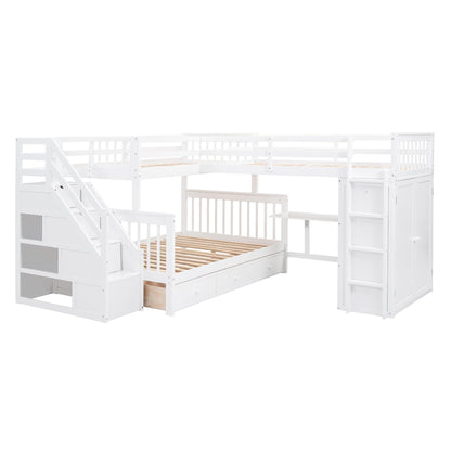 VilroCaz Modern L-Shaped Twin-Twin Over Full Bunk Bed with Staircase and 3 Storage Drawers, Solid Wood Triple Bed with Portable Desk and Wardrobe for Adults Teens Kids, Maximized Space (White-3t)