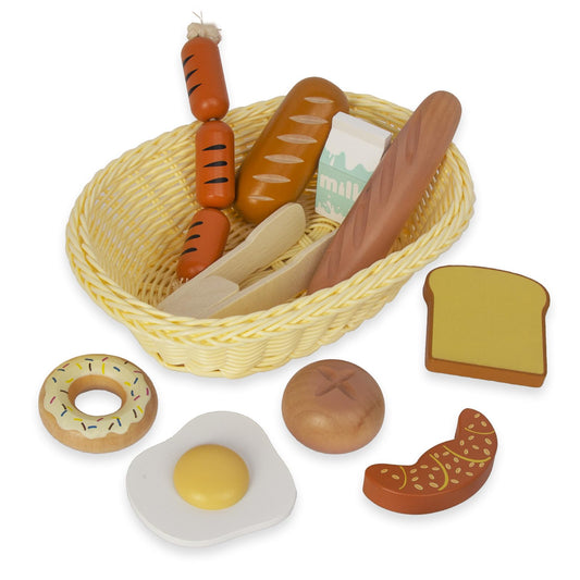 WOODENFUN Wooden Breakfast Toy Food Playset,Kids Pretend Play Food Kitchen Accessories with Storage Basket,Toddlers Fake Food Gift for Boys and Girls 2 Years Old Up