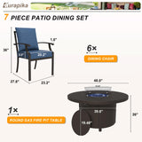 Kurapika 7 Piece Metal Outdoor Patio Furniture Set with 48" Round Fire Pit Table, Patio Conversation Sets 6 Fixed Chairs with Thick Cushion and 40000 BTU Propane Fire Pit Table, Navy Blue Kurapika