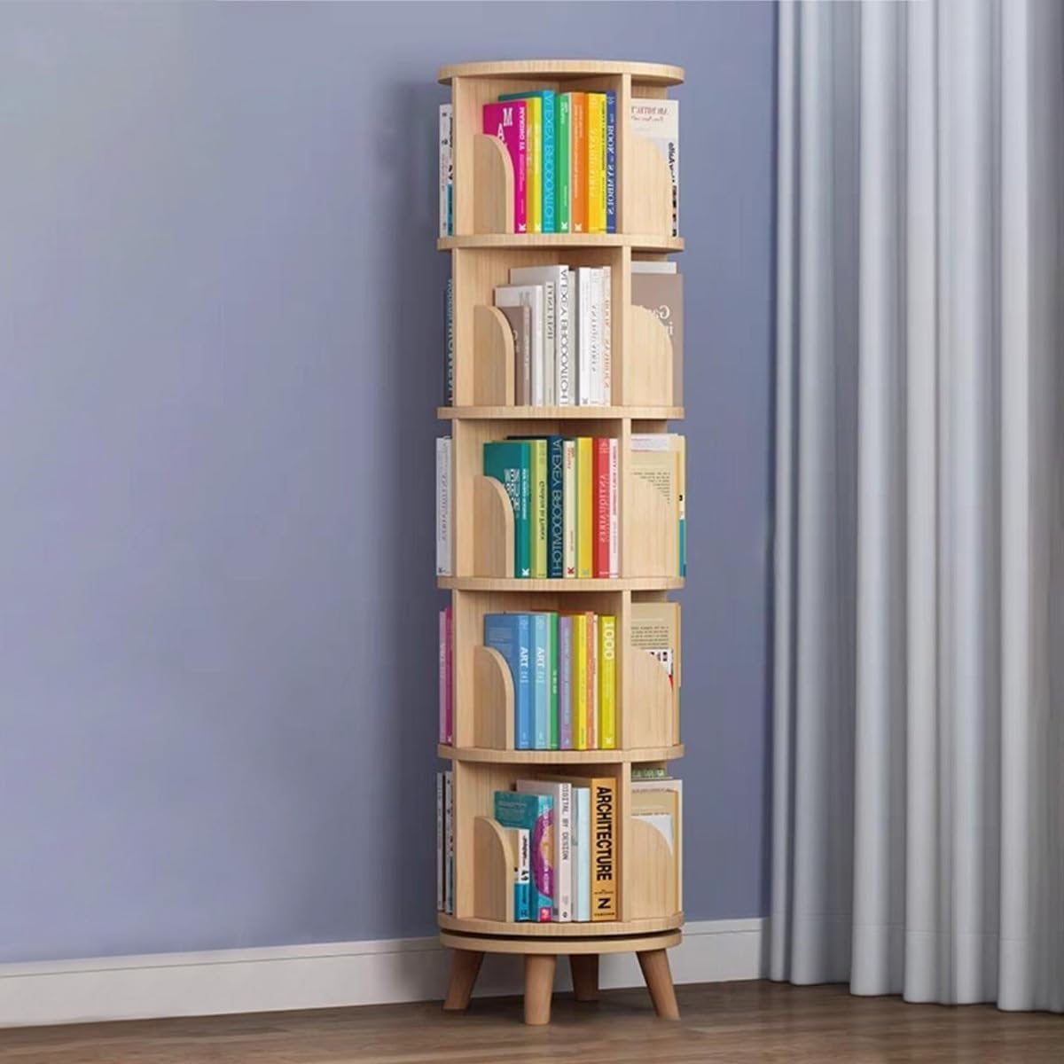 5-Tier Rotating Pine Wood Bookshelf with Legs for Space-Saving Storage Gdrasuya10