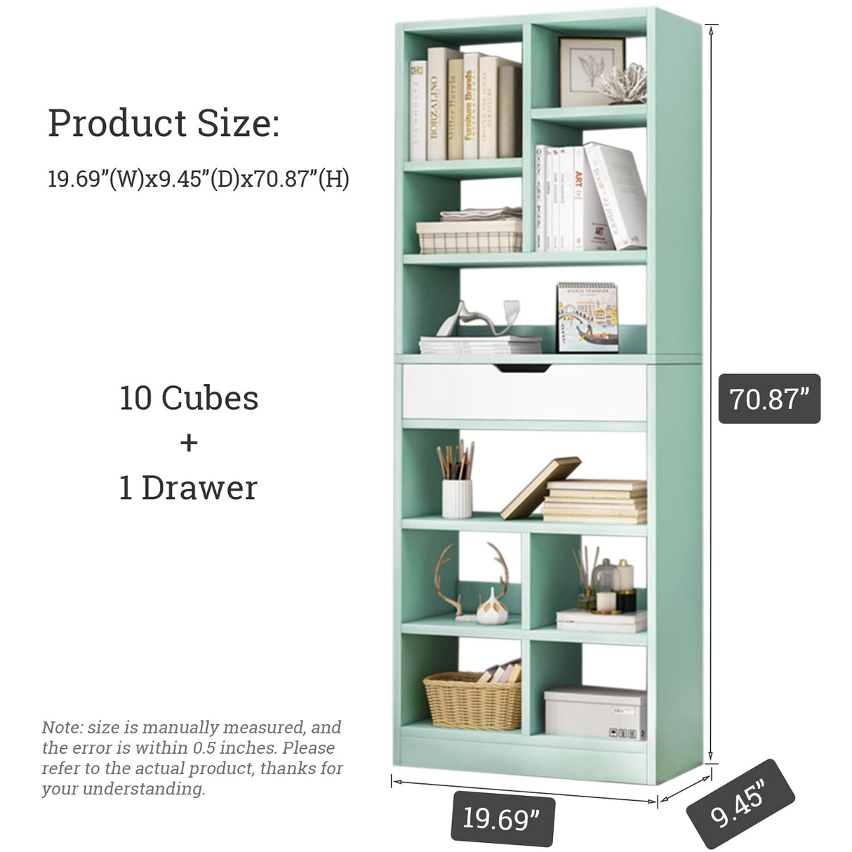 IOTXY Wooden Open Shelf Bookcase - 71 Inches Tall Freestanding Display Storage Cabinet Organizer with 10 Cubes and a Drawer, Floor Standing Bookshelf in Tiffany-Green IOTXY