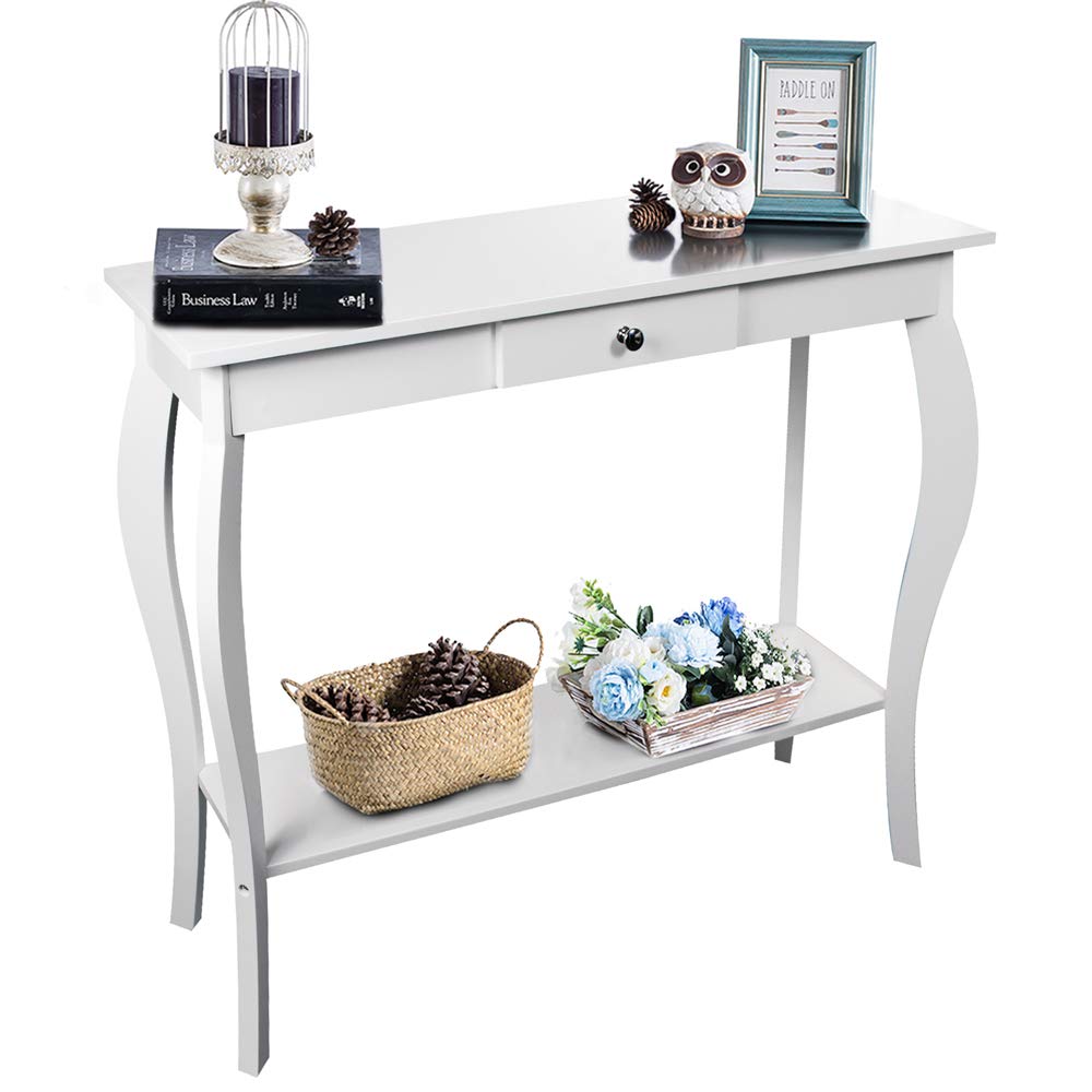 ChooChoo Narrow Console Table with Drawer, Chic Accent Sofa Table, Entryway Table, White - WoodArtSupply