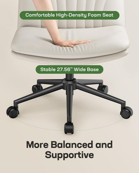 Marsail Armless-Office Desk Chair with Wheels: PU Leather Cross Legged Wide Chair,Comfortable Adjustable Swivel Computer Task Chairs for Home,Office,Make Up,Small Space,Bed Room(Light Beige) Marsail