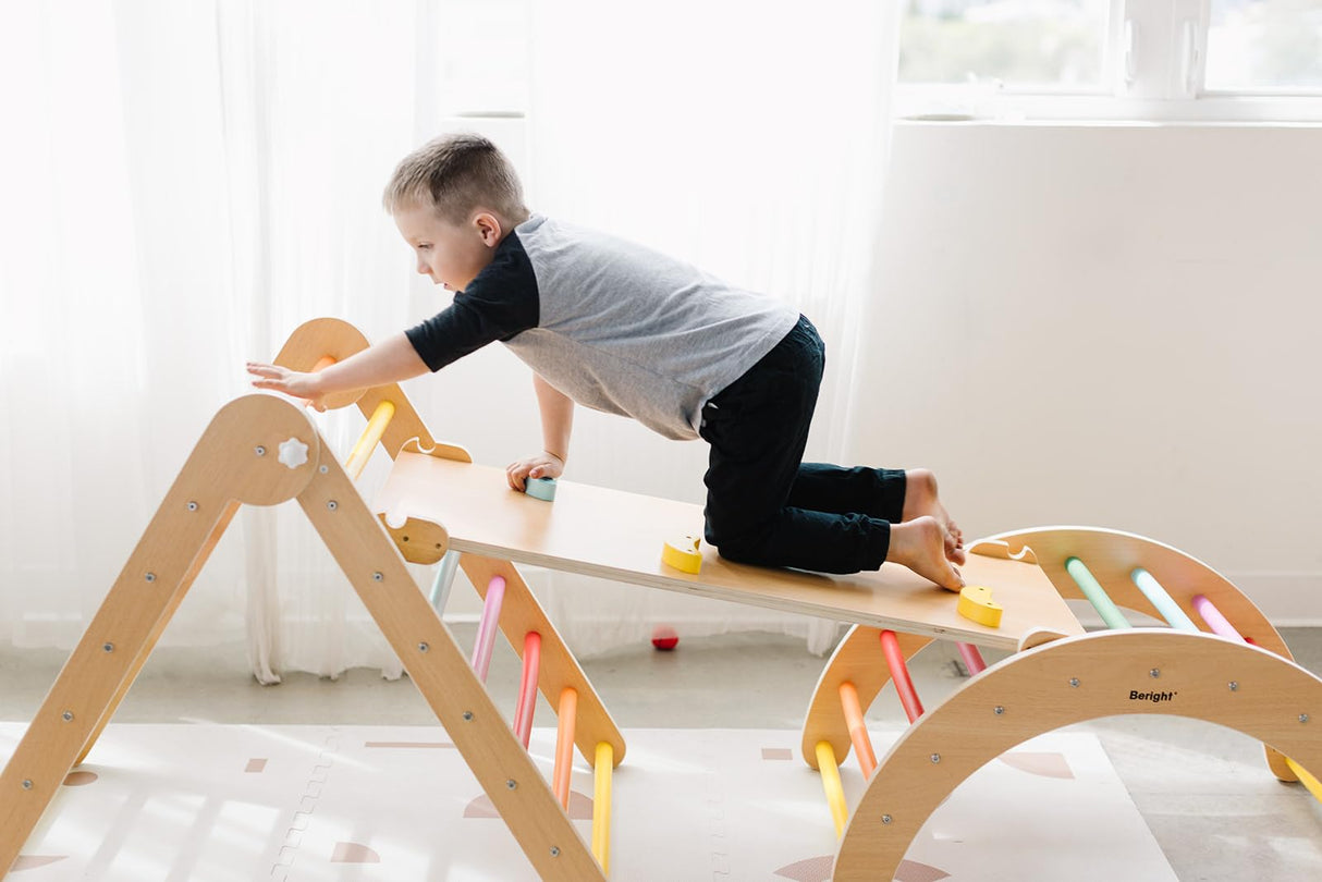 Beright 4 in 1 Pikler Triangle Gym, Montessori Foldable Climber with Ramp, Indoor Climbing Toys for Kids, Climbing Triangle for Toddlers Arch Climber, Rocker, Learning Waldorf Children Toy, Rainbow Beright
