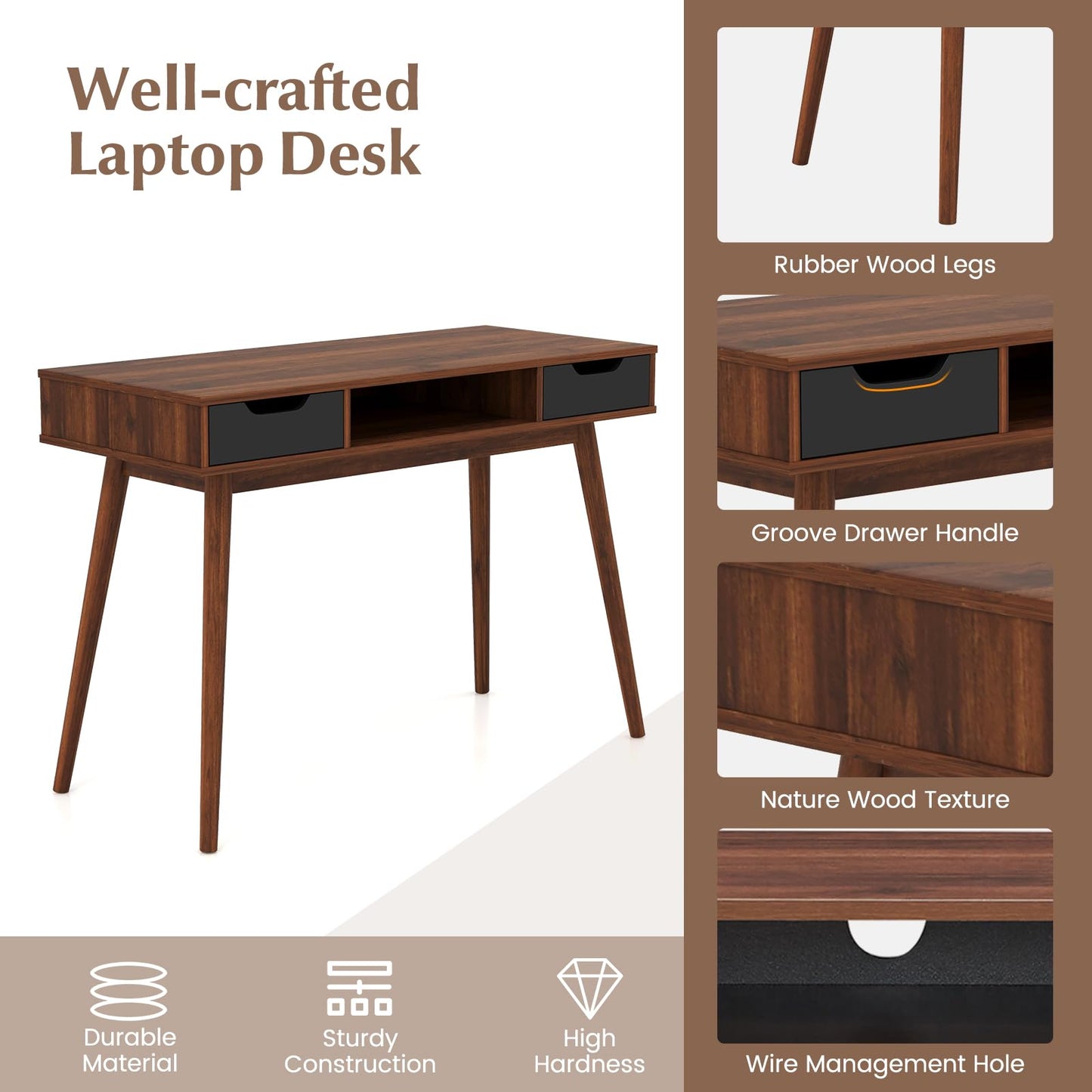 Giantex Mid Century Modern Desk with Drawers, Simple Study Desk with Open Storage Cubby & Solid Wood Legs, Vanity Table Workstation, Home Office Writing Computer or Laptop Desk for Bedroom, W - WoodArtSupply