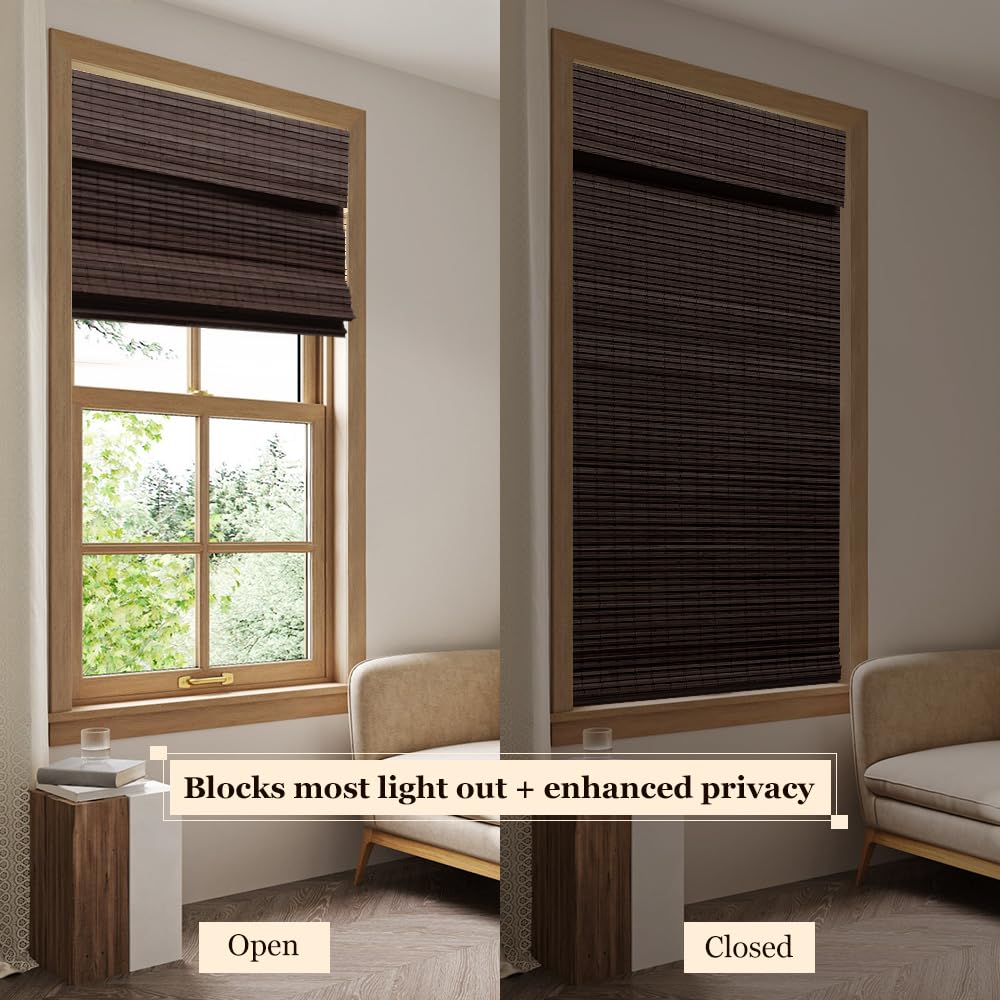 LUCKUP Cordless Bamboo Roman Blinds Shades for Indoor Windows-Blackout Room Darkening Roman Blinds with 6" Valance Cover Enhanced Privacy, 40" W x 64" H LUCKUP