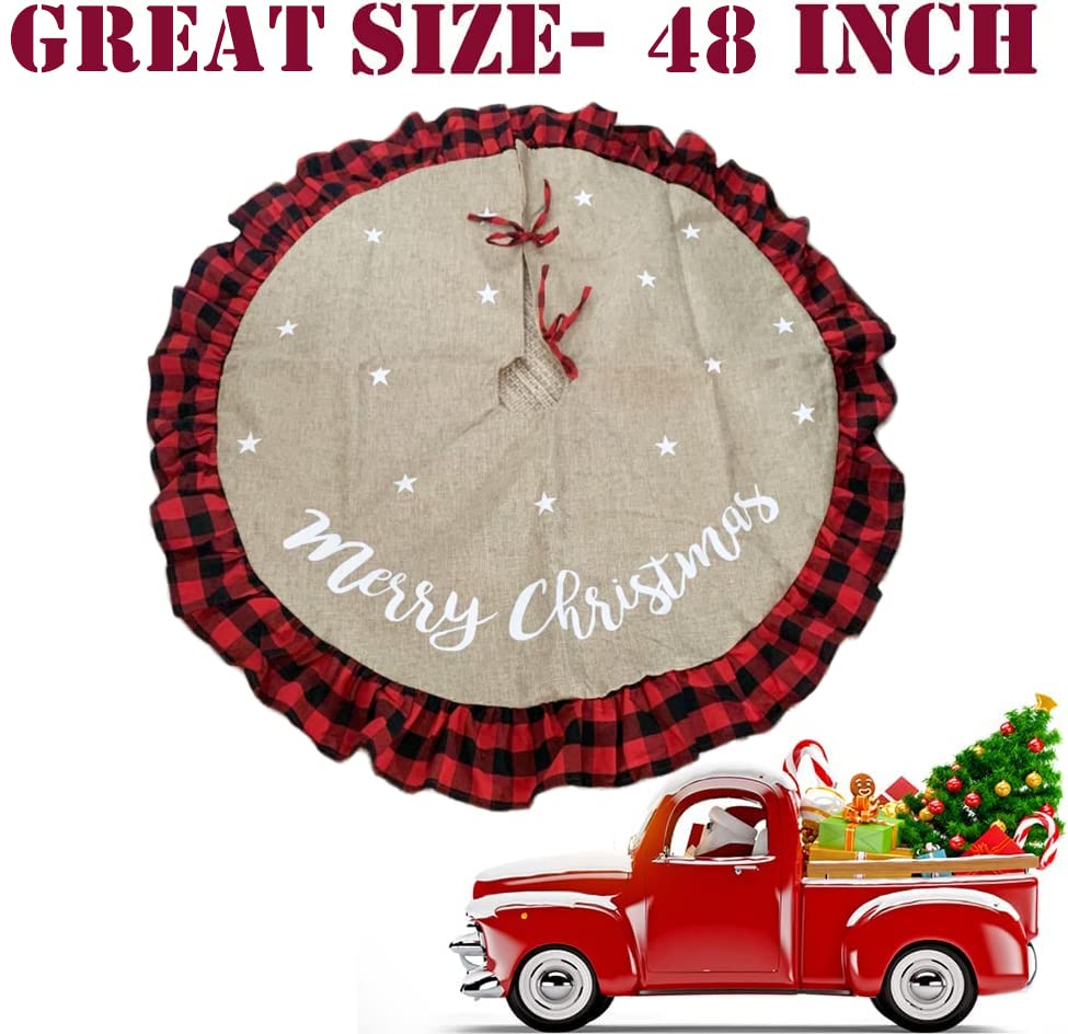 AISENO 48 Inch Christmas Tree Skirt Linen Burlap Buffalo Plaid Edge Decoration for Merry Christmas Party Red and Black Buffalo Christmas Tree Skirt Decorations AISENO