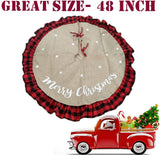 AISENO 48 Inch Christmas Tree Skirt Linen Burlap Buffalo Plaid Edge Decoration for Merry Christmas Party Red and Black Buffalo Christmas Tree Skirt Decorations AISENO
