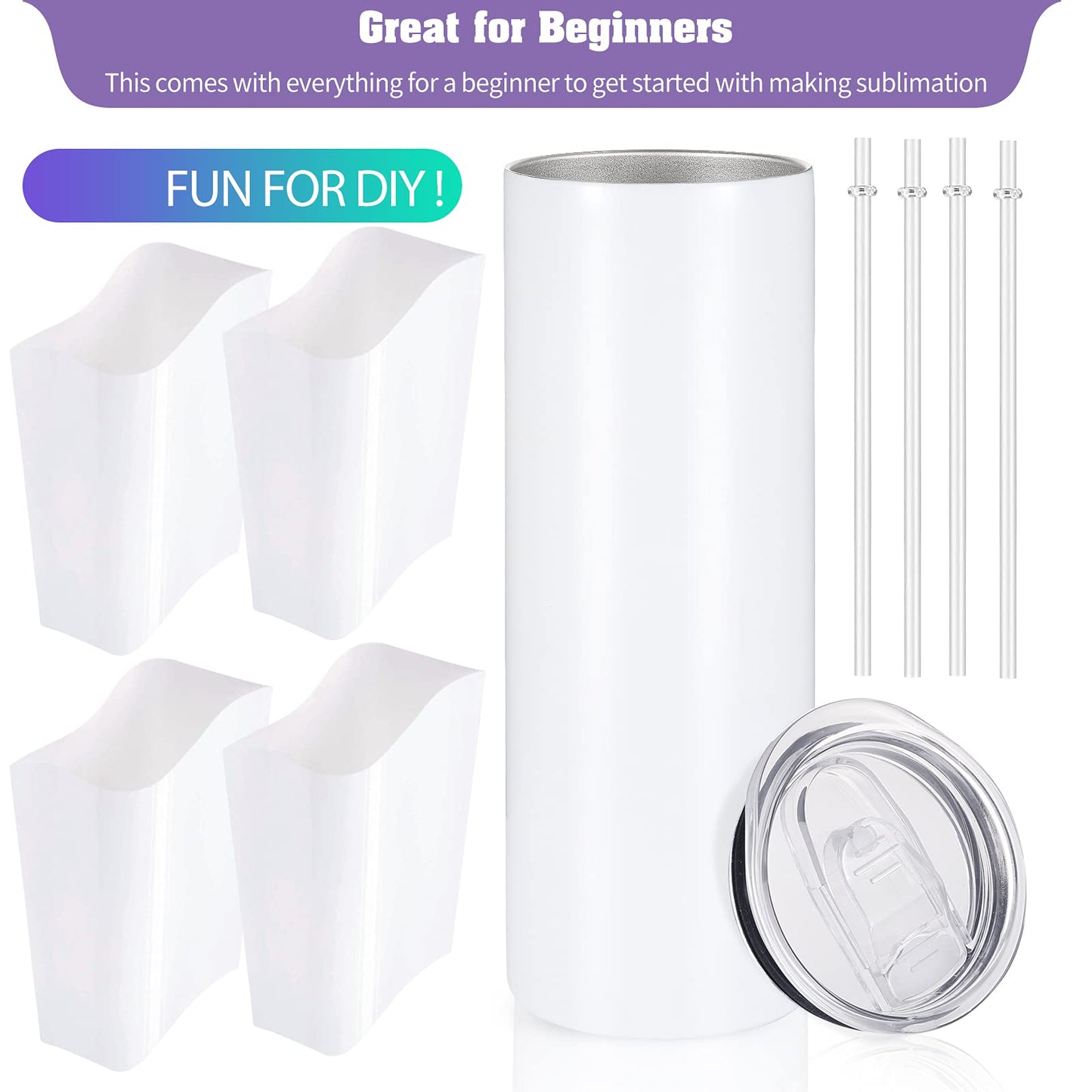 YOUKE OLA 12 Pack Straight Skinny Sublimation Tumblers 20oz for Heat Transfer, Bulk Sublimation Blanks Individually Boxed, Double Wall Insulated Tumbler with Shrink Films & Heat Tape, White ( - WoodArtSupply