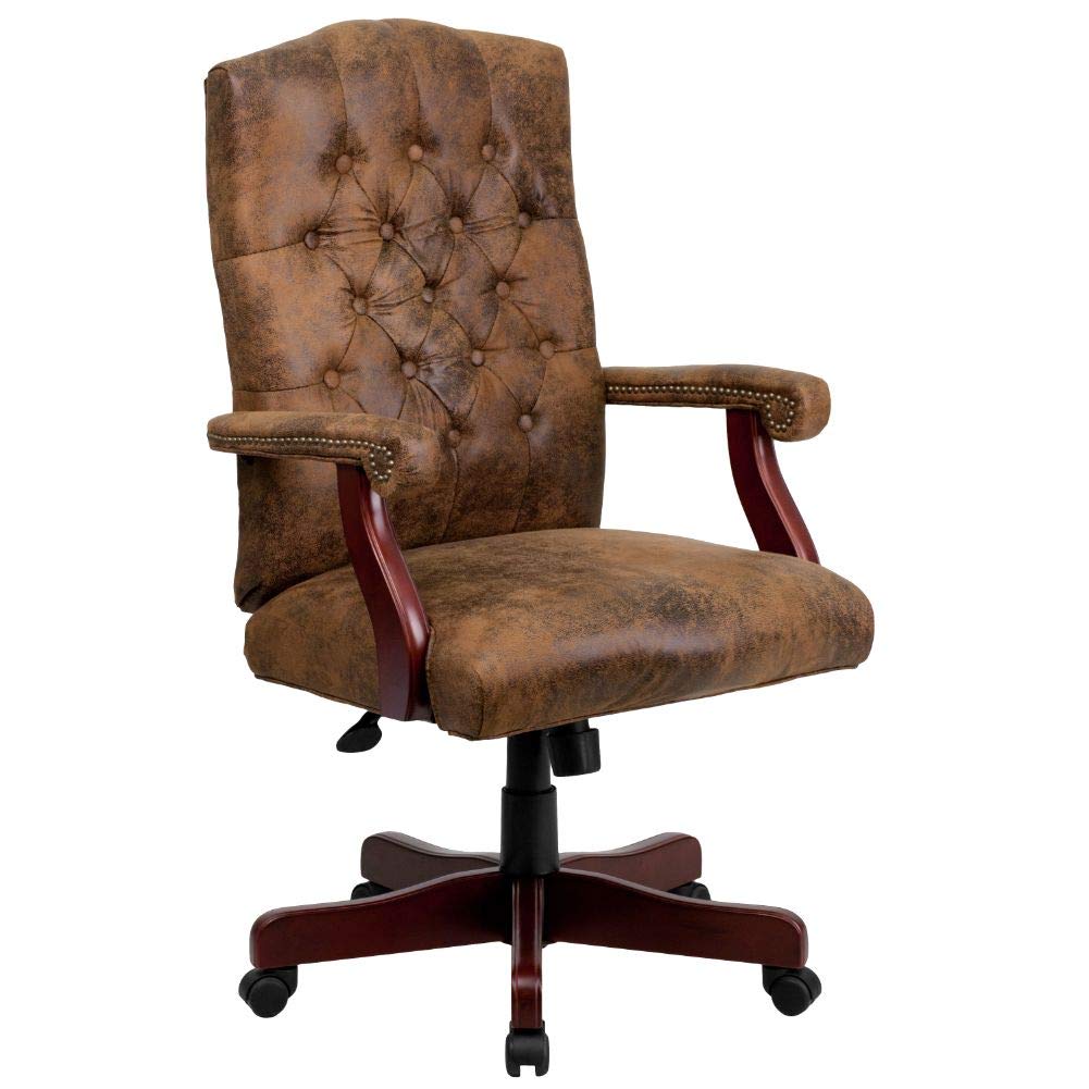 Flash Furniture Derrick Traditional Microfiber Tufted Swivel Office Chair with Wood Base, Ergonomic Farmhouse High-Back Desk Chair, Bomber Brown - WoodArtSupply