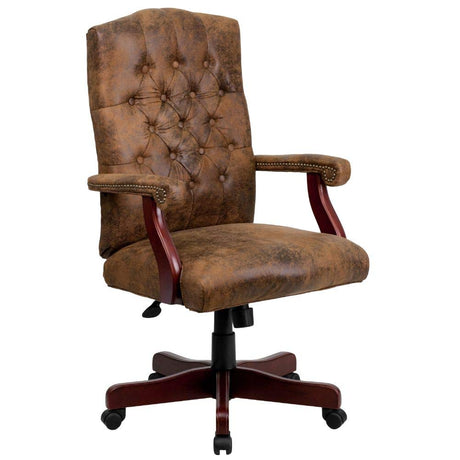 Flash Furniture Derrick Traditional Microfiber Tufted Swivel Office Chair with Wood Base, Ergonomic Farmhouse High-Back Desk Chair, Bomber Brown Flash Furniture