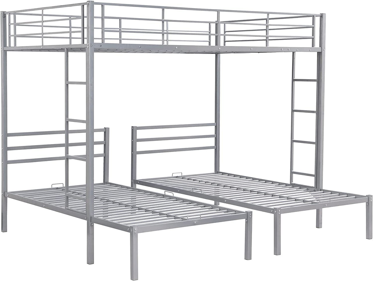 Harper & Bright Designs Metal Triple Bunk Beds Full Over Twin & Twin Bunk Bed with Upper Built-in Shelf, 3 Bed Bunk Beds with 2 Ladders for Kids, Teens, Adults, Silver Harper & Bright Designs