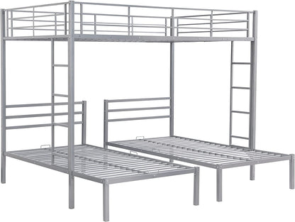 Harper & Bright Designs Metal Triple Bunk Beds Full Over Twin & Twin Bunk Bed with Upper Built-in Shelf, 3 Bed Bunk Beds with 2 Ladders for Kids, Teens, Adults, Silver