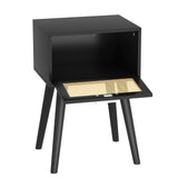 LAATOOREE Nightstand Set of 2, Small End Table with Rattan Door, Bedside Table with Solid Wood Feet, Boho Side Table for Bedroom Living Room Small Space - Black LAATOOREE