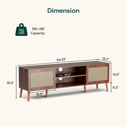 ZttRiee TV Stand for TVs up to 65'', Entertainment Center with Rattan Door, Shelves & 2 Cabinets, Long Boho Media TV Console for Living Room, Walnut