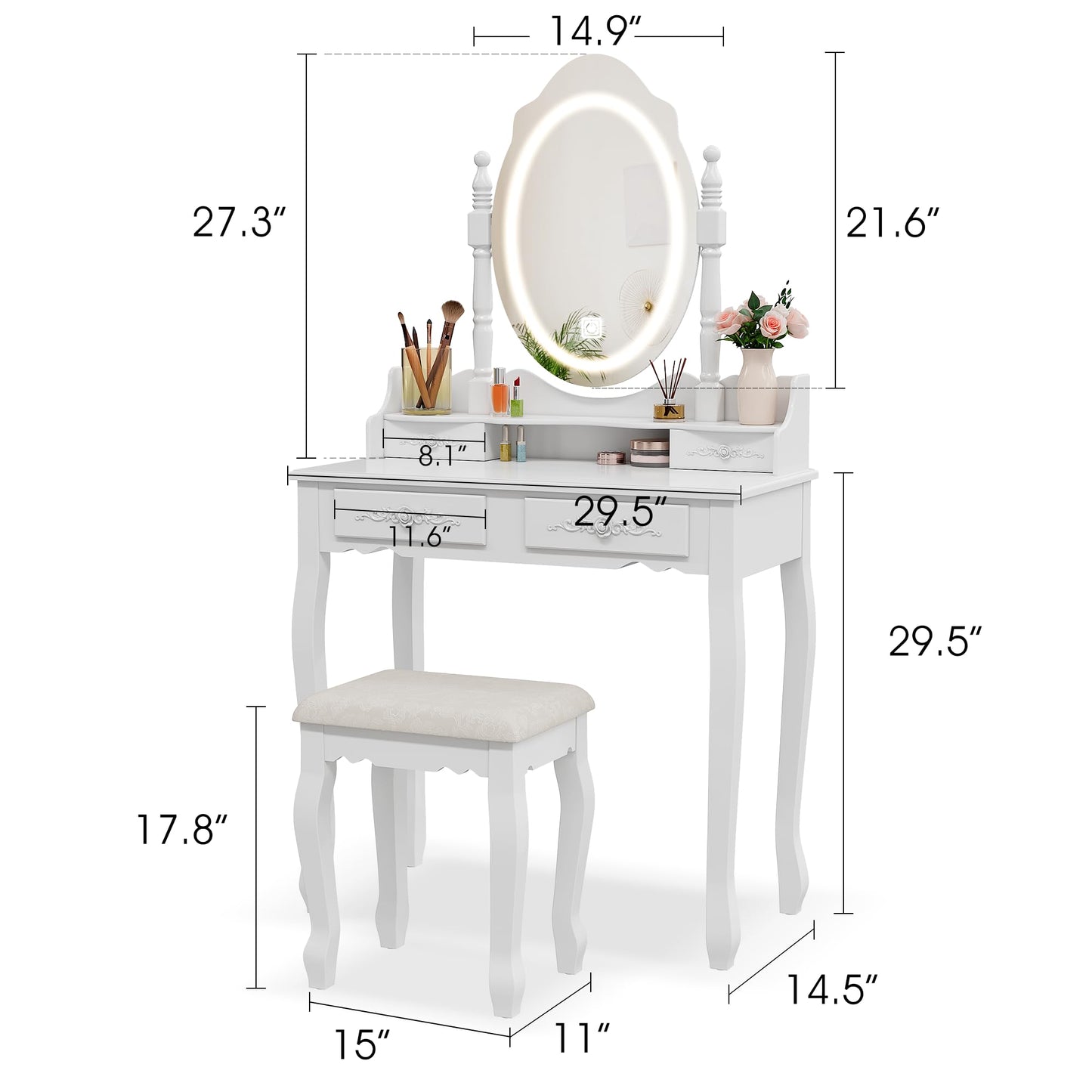 Vanity Desk with Mirror and Lights, Modern Vanity Makeup Table and Cushioned Stool Set with 4 Drawers, 3 Color Lighting Modes with Adjustable Brightness, Dressing Table Set for Bedroom (White - WoodArtSupply