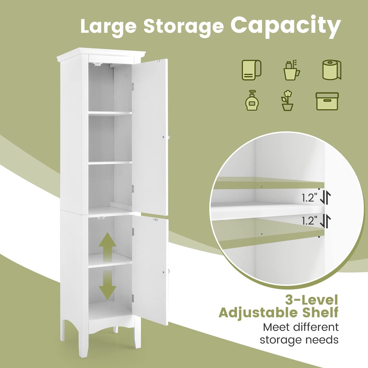 Giantex Bathroom Tall Storage Cabinet - Narrow Freestanding Floor Cabinet with Doors, 5 Tier Shelves(1 Height Adjustable), Corner Pantry Cabinets for Living Room, Slim Tower (1, White) - WoodArtSupply