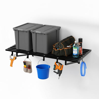 TimberAura 1-Pack Garage Wall Shelves, 2' x 4' Heavy Duty Wall Mounted Storage Rack with 3 Hooks, 250 lbs Capacity, Steel Garage Organization Shelving for Tools, Bins, and Power Equipment