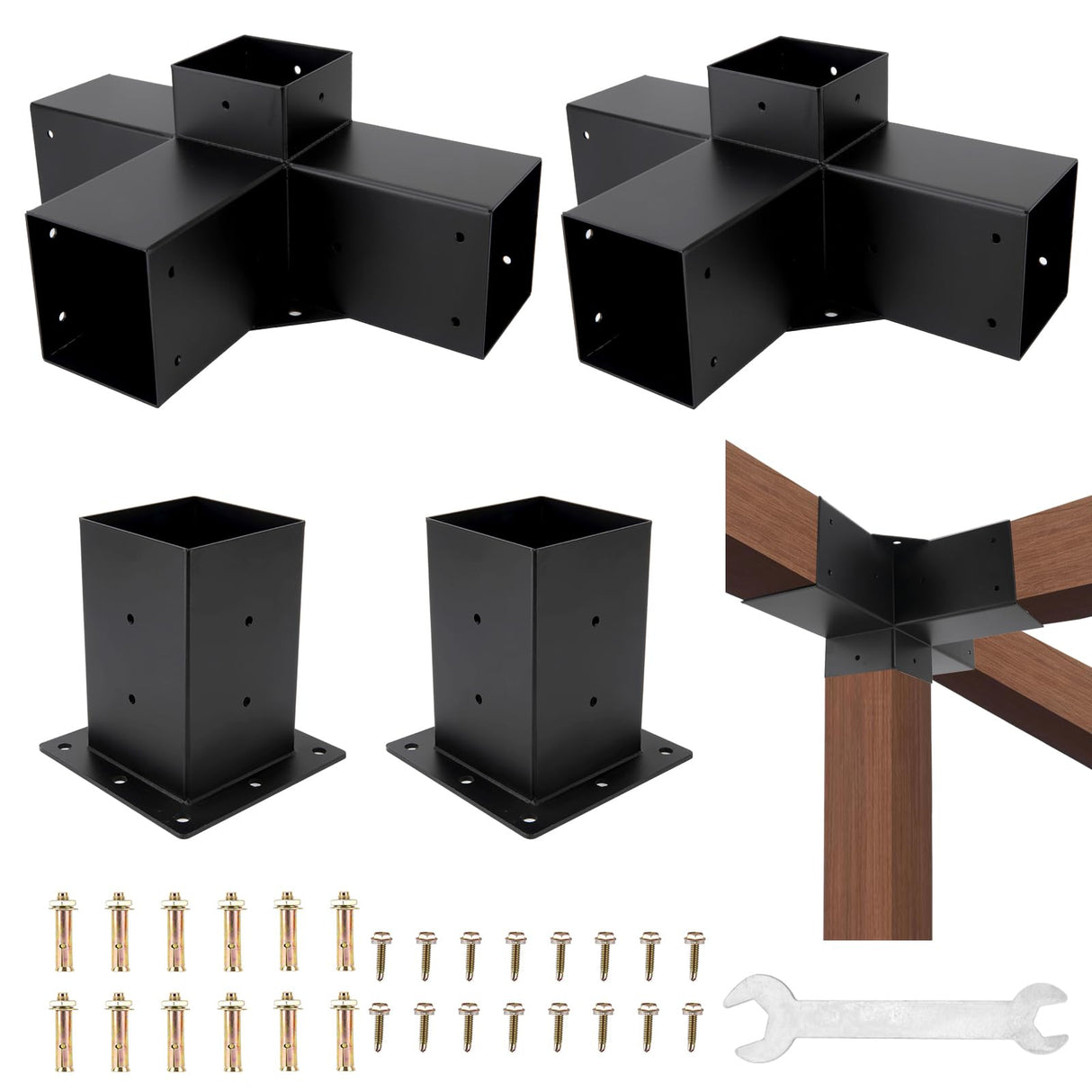 Pergola Brackets 4x4, Pergola Kit Includes 2 Pcs 4-Way 90° Angle Corner Bracket with 2 Pcs Pergola Post Base for 4x4'' (Actual: 3.5x3.5 Inch) Lumber MAHOOMMAKH