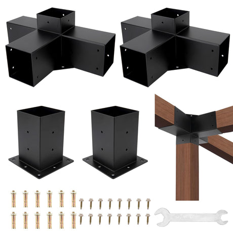Pergola Brackets 4x4, Pergola Kit Includes 2 Pcs 4-Way 90° Angle Corner Bracket with 2 Pcs Pergola Post Base for 4x4'' (Actual: 3.5x3.5 Inch) Lumber MAHOOMMAKH