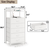 Furnulem White Nightstand with 5 Storage Drawer, Tall Dresser for Bedroom with Led Light and Charging Station, Side Table Nightstand for Closet, Fabric Bins, Metal Frame, Wood Shelf(White) Furnulem