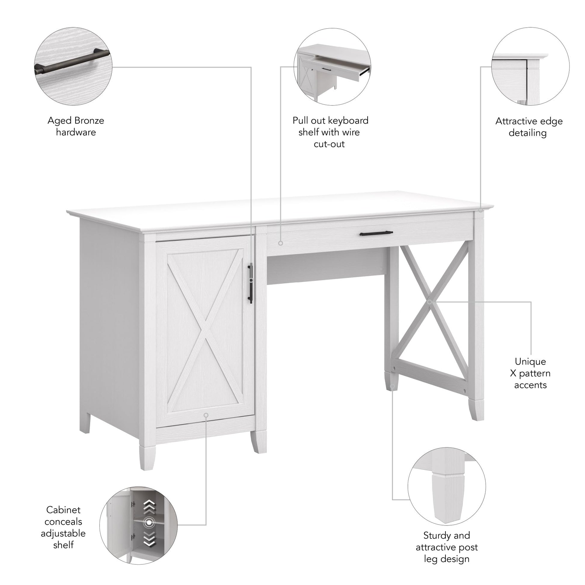 Bush Furniture Key West Computer Desk with Storage | Farmhouse PC Table for Home Office in Pure White Oak | 54W x 24D - WoodArtSupply