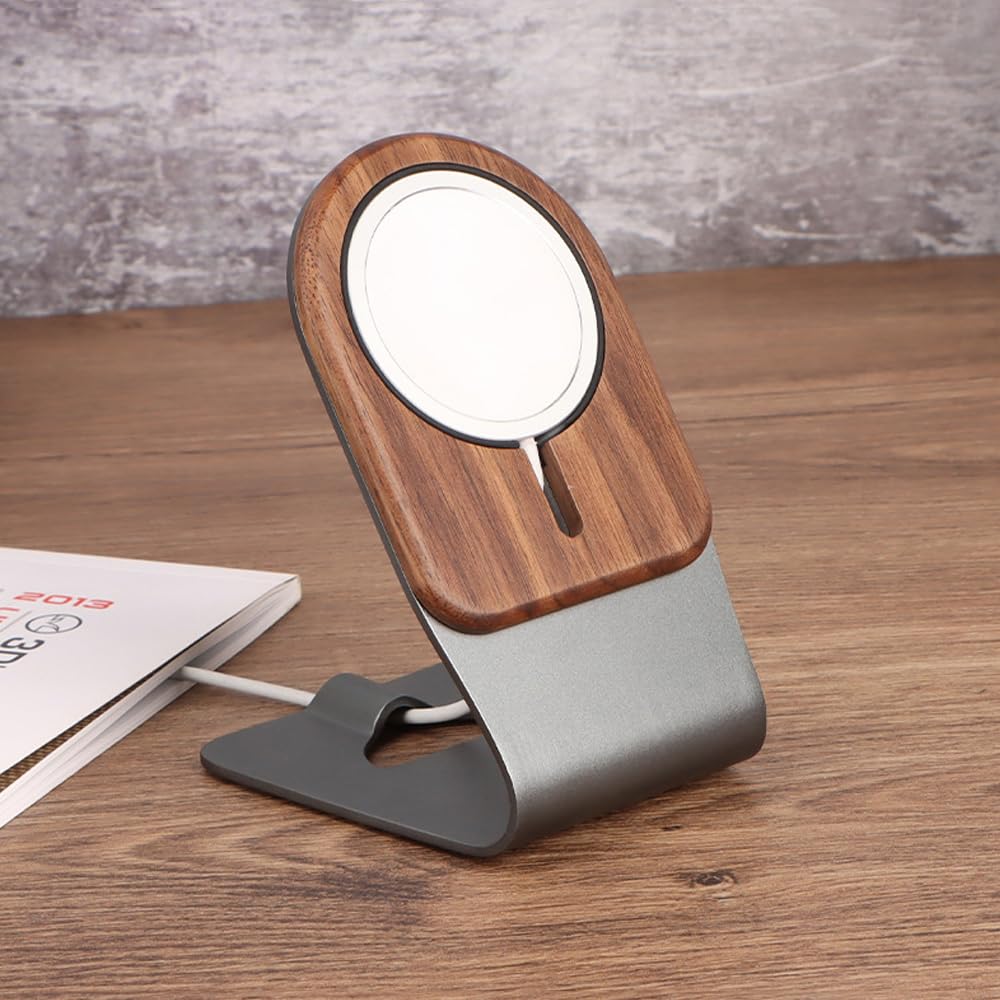 GOODKSSOP Luxury Aluminium Aloy + Solid Wooden Stand for MagSafe Charger, Desktop Holder for MagSafe Wireless Charging Accessories, Compatible with GOODKSSOP