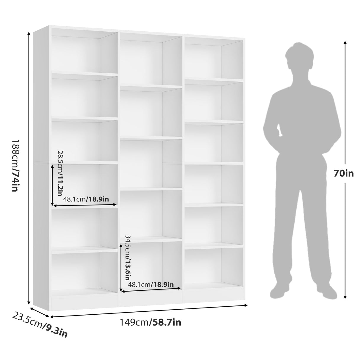 FACBOTALL Triple Wide Bookshelf, 6 Tier Large Bookshelf, Bookcase with 17 Open Display Shelves, 74'' Tall Bookcases and Bookshelves for Living Room, Home Office, Library, White FACBOTALL
