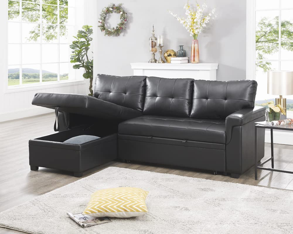 Naomi Home 85 in. Convertible Sofa with Storage, Reversible L Shape Sofa Couch with Chaise, Comfy Sectional Couches for Living Room, Black - Air Leather