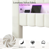 Jocisland King Bed Frame with 51.2" Tall Headboard, LED Lights & Charging Station, Velvet Upholstered Platform, No Box Spring Required, Cream Jocisland