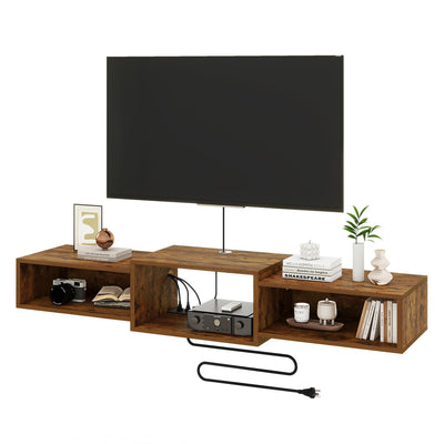 IBUYKE Floating TV Stand Wall Mounted with Power Outlet,Wood Wall Mounted Media Console Shelf,Floating Entertainment Center for Under TV Storage for Living Room Bedroom Office,Rustic Brown WST001H