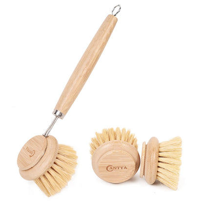 Bamboo Scrub Brush 3 Pcs Replacement Head, Natural Soft Kitchen Dish Brush with Handle Sisal Plant Veggie Brush Multi-Purpose Dish Scrubber Brush Special Kitchen Utensils