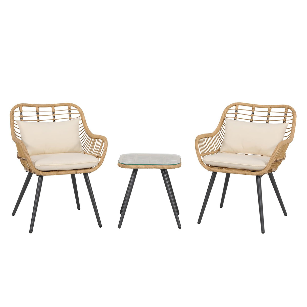 JOIVI 3 Piece Outdoor Wicker Conversation Bistro Set, Patio Furniture Rattan Chairs and Square Side Table Set for Porch, Balcony, Poolside, Yard, White Cushion JOIVI