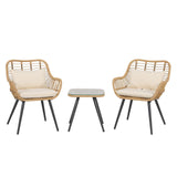 JOIVI 3 Piece Outdoor Wicker Conversation Bistro Set, Patio Furniture Rattan Chairs and Square Side Table Set for Porch, Balcony, Poolside, Yard, White Cushion JOIVI
