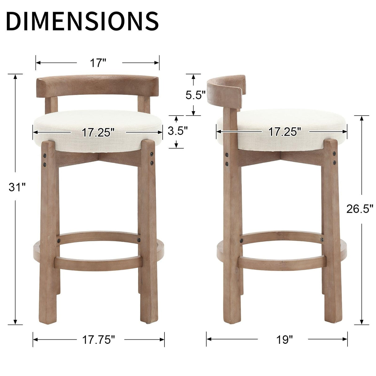 DUOMAY Modern Bar Stools Set of 2, 26" Counter Height Stools, Armless Round Wood Barstools Kitchen Island Stool with Linen Seat for Home Bar Coffee Shop, Beige DUOMAY