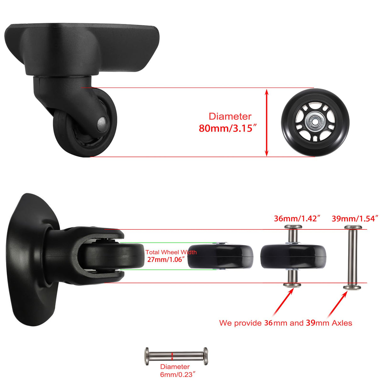 OwnMy 80mm x 24mm Luggage Suitcase Replacement Wheels, Rubber Swivel Caster Wheels Bearings Repair Kits, A Set of 2 OwnMy