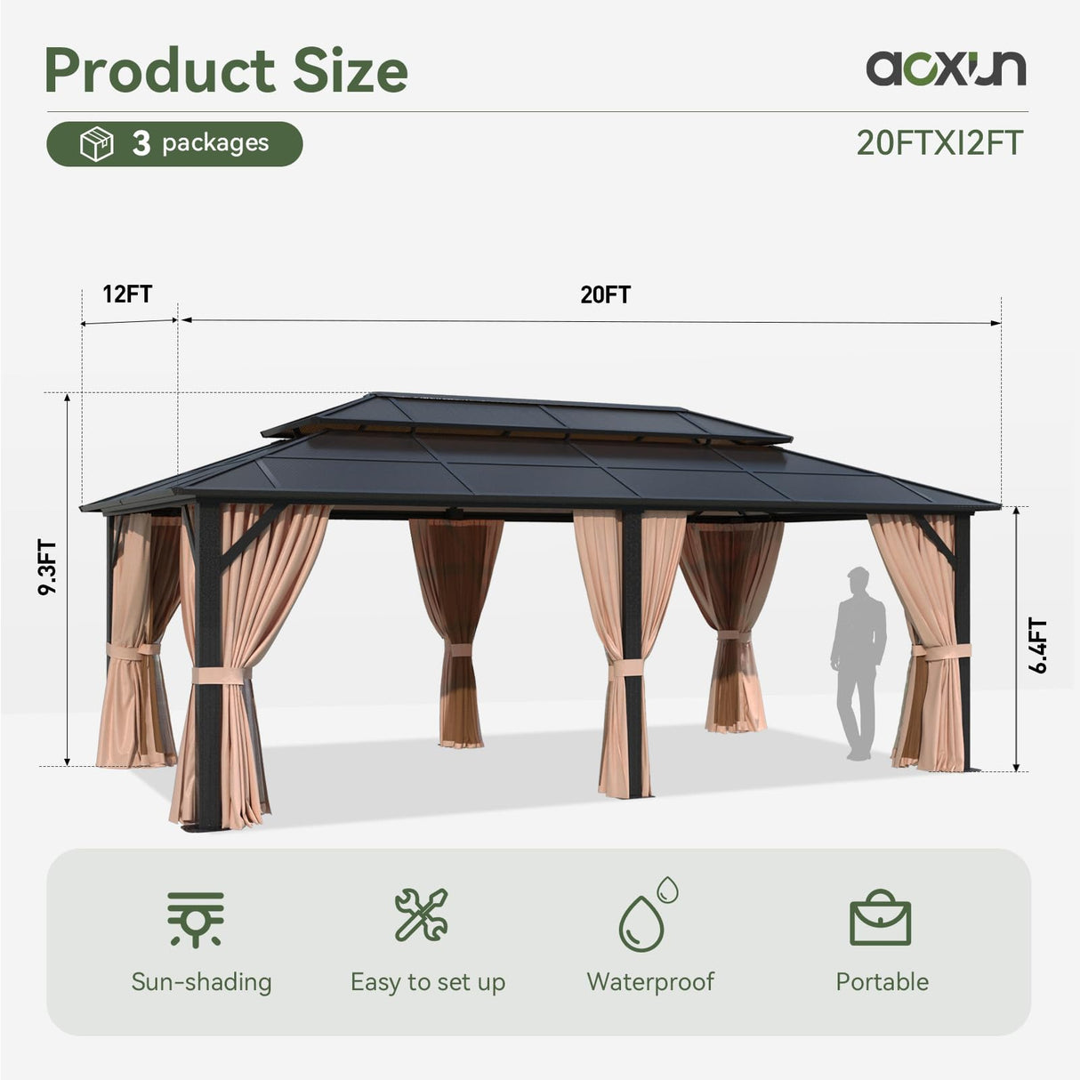 Aoxun 12'x20' Hardtop Gazebo, Aluminum Frame Permanent Pavilion with Curtains and Netting, Outdoor Polycarbonate Double Roof Canopy, Designed for Garden, Lawns, Patio Aoxun