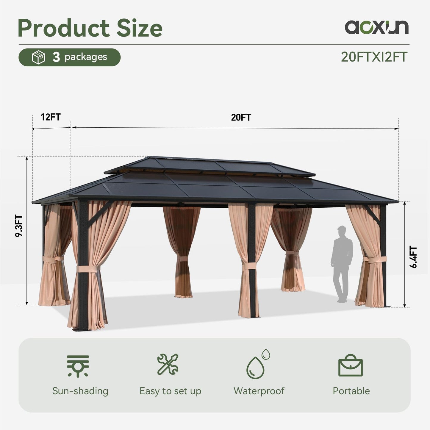 Aoxun 12'x20' Hardtop Gazebo, Aluminum Frame Permanent Pavilion with Curtains and Netting, Outdoor Polycarbonate Double Roof Canopy, Designed for Garden, Lawns, Patio