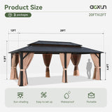 Aoxun 12'x20' Hardtop Gazebo, Aluminum Frame Permanent Pavilion with Curtains and Netting, Outdoor Polycarbonate Double Roof Canopy, Designed for Garden, Lawns, Patio Aoxun