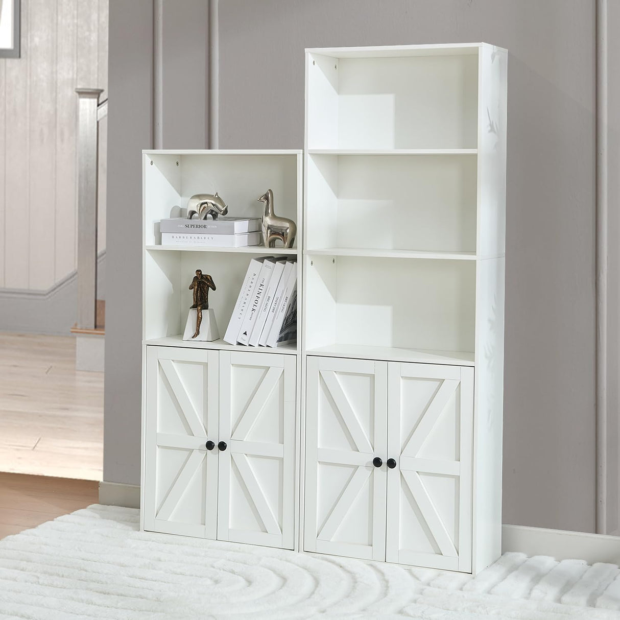 White 5-Tier Bookshelves for Living Room, Farmhouse Tall Bookcase with Doors, Wooden Bookshelf with Storage Cabinet and Shelves for Living Room, Home Office Stabrech